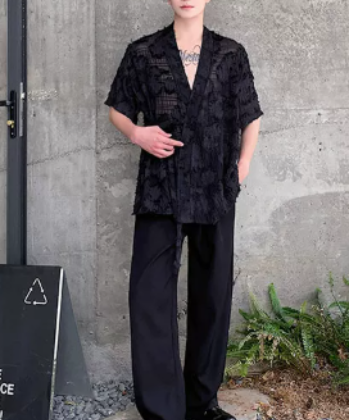 jacquard v-neck sheer shirt EN3020