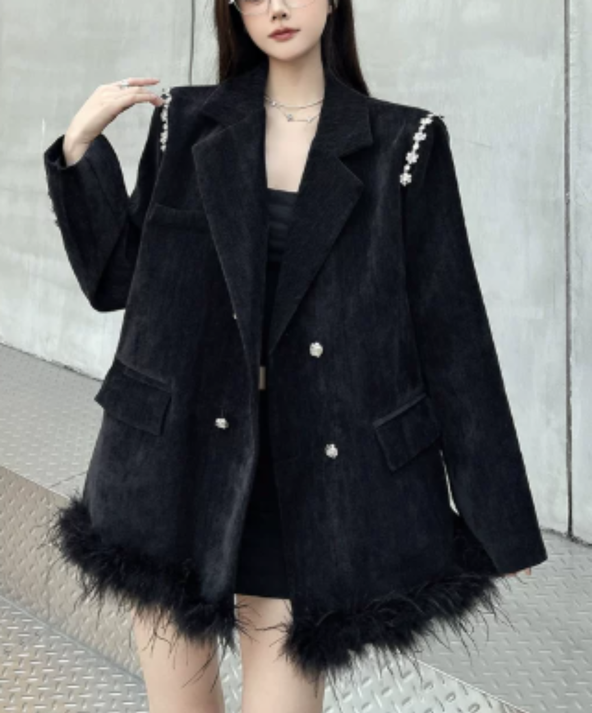 dark fur hem with floral lace embellishment jacket EN3191