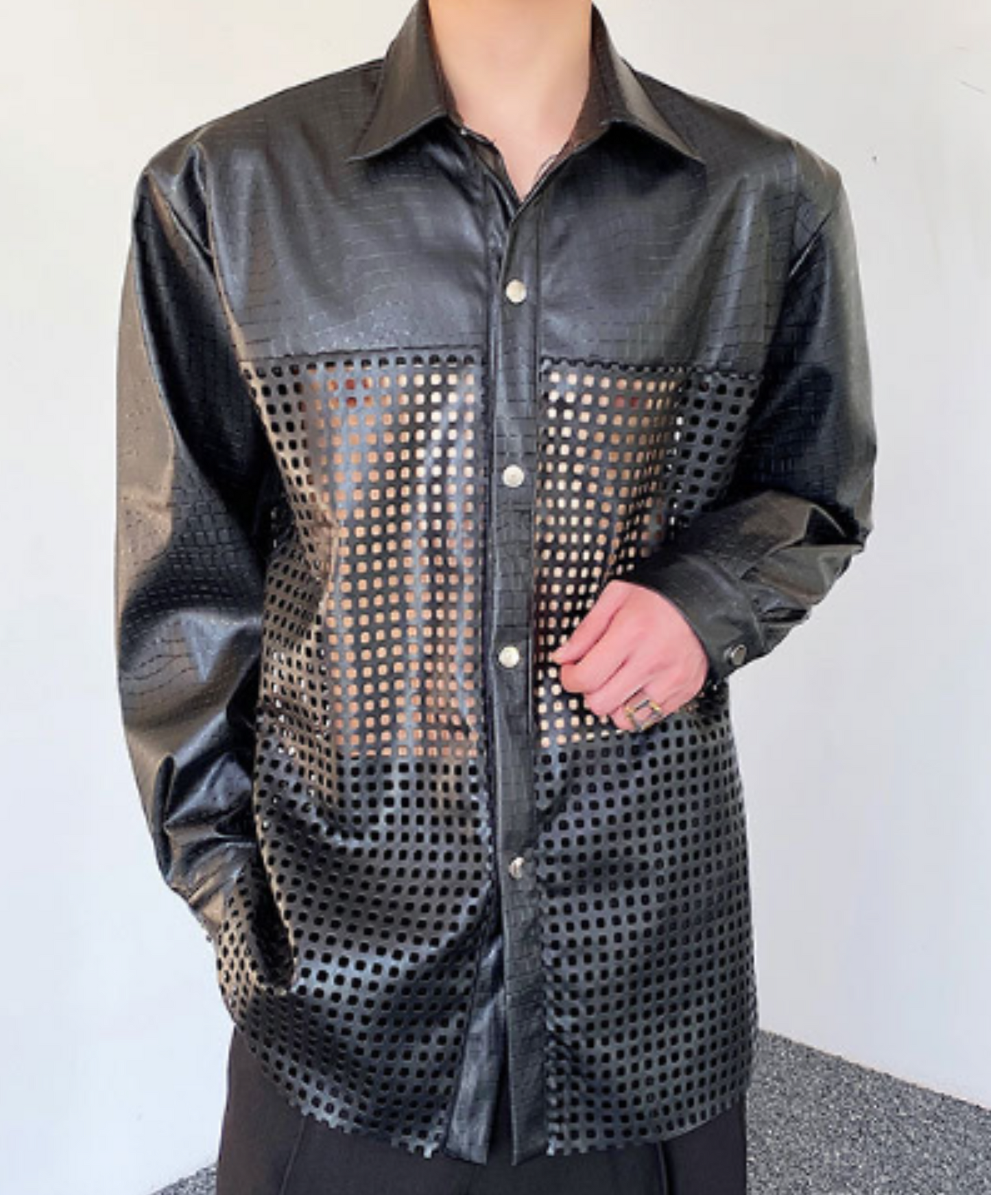 dark perforated leather shirt EN1207