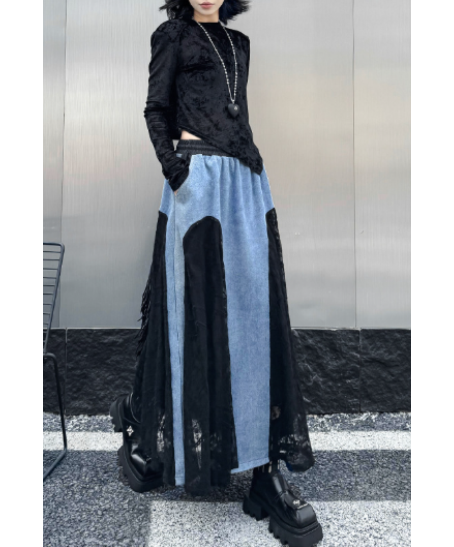 denim x lace patchwork skirt EN2894