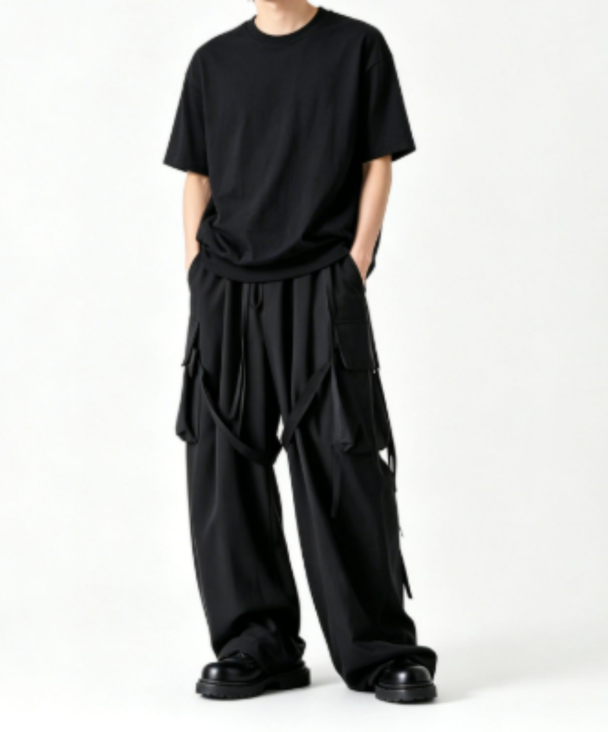 dark side flap pocket with strap wide pants EN3259