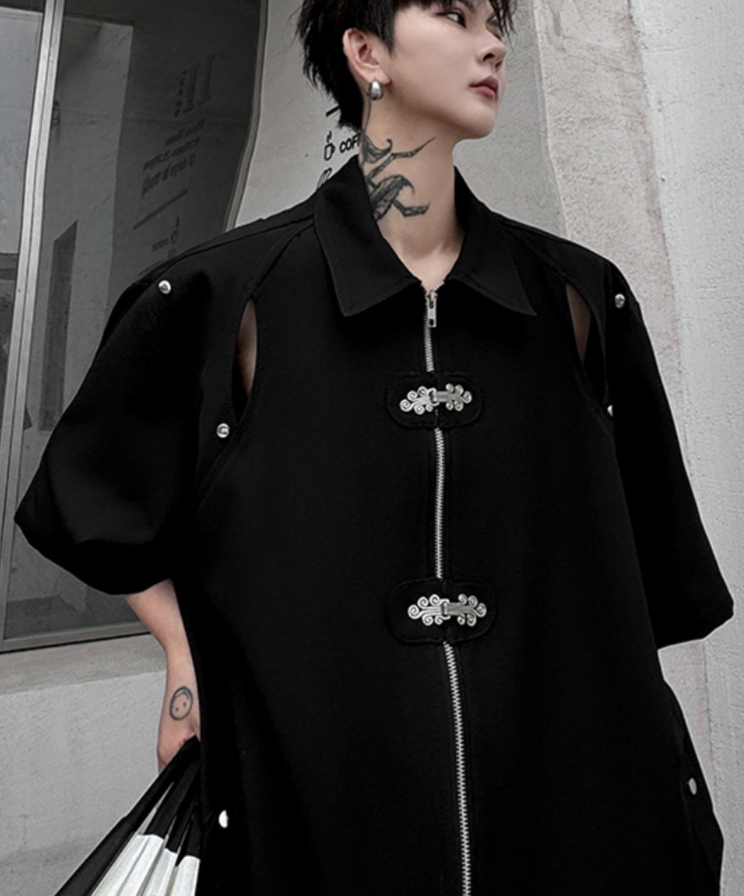 dark chinese style metal buckle slit zip shirt EN1744