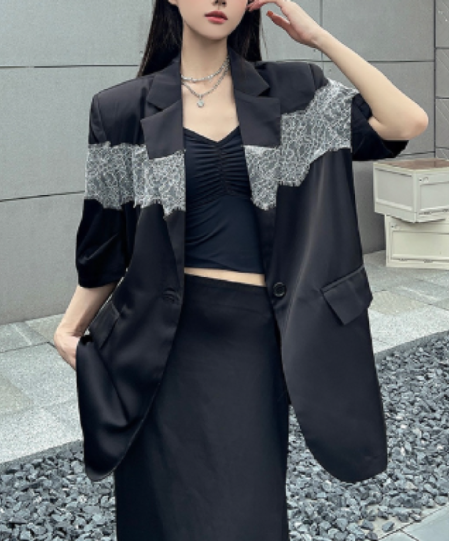 sheer with lace trim jacket EN3077