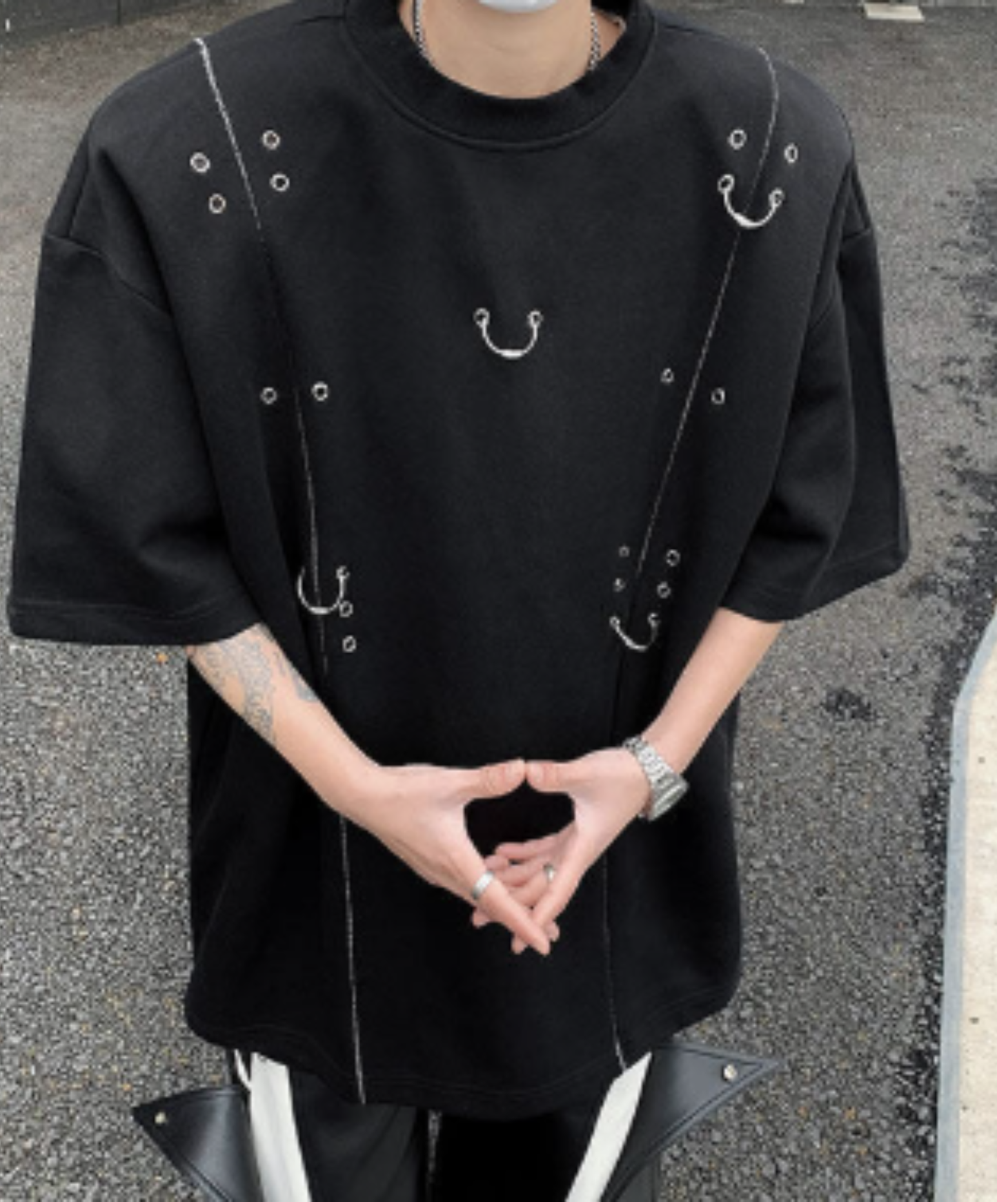 metal rivet, loose fit, three-quarter sleeves t-shirt EN2961