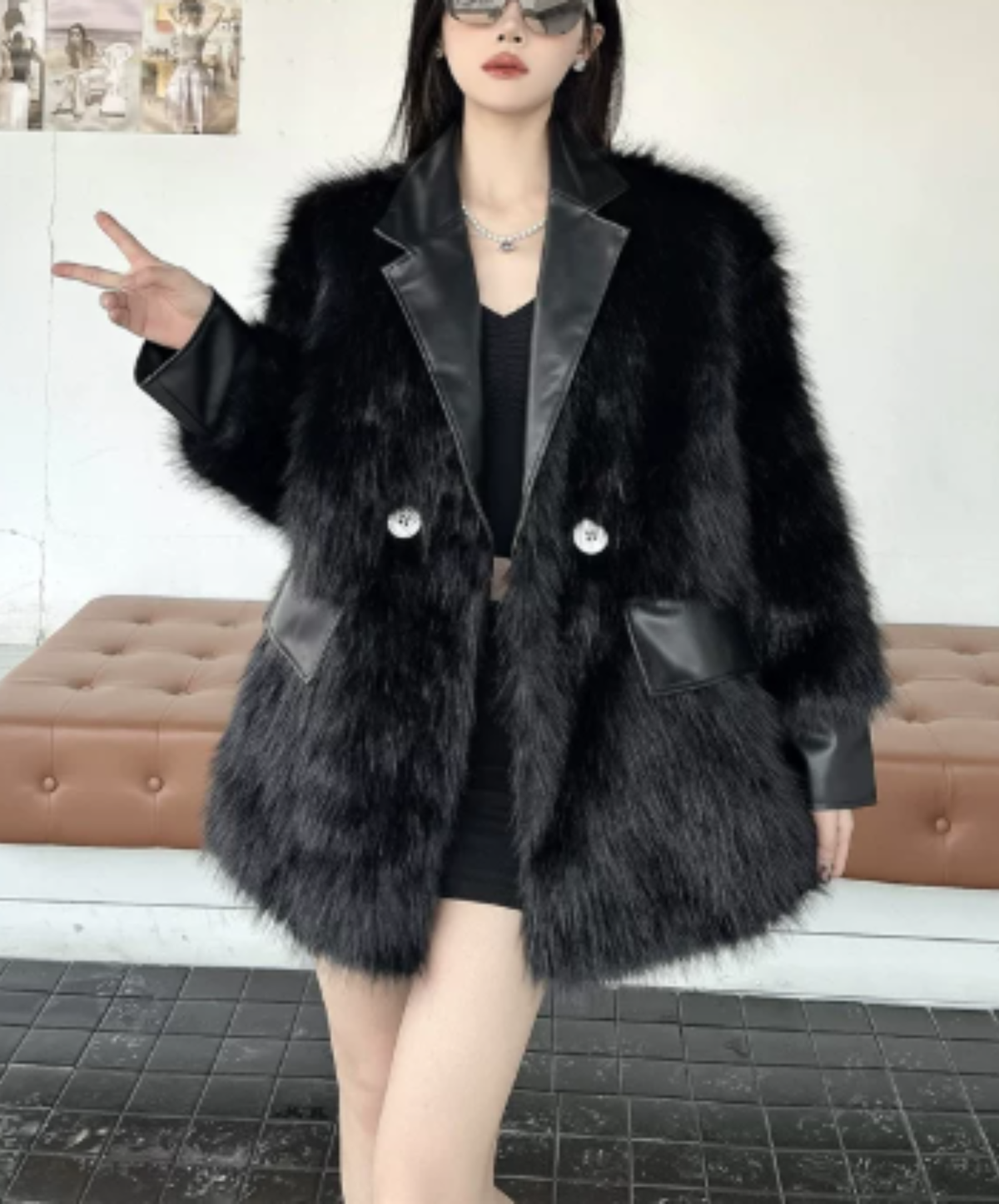 dark shaggy lapel mixed-material paneling jacket EN3188