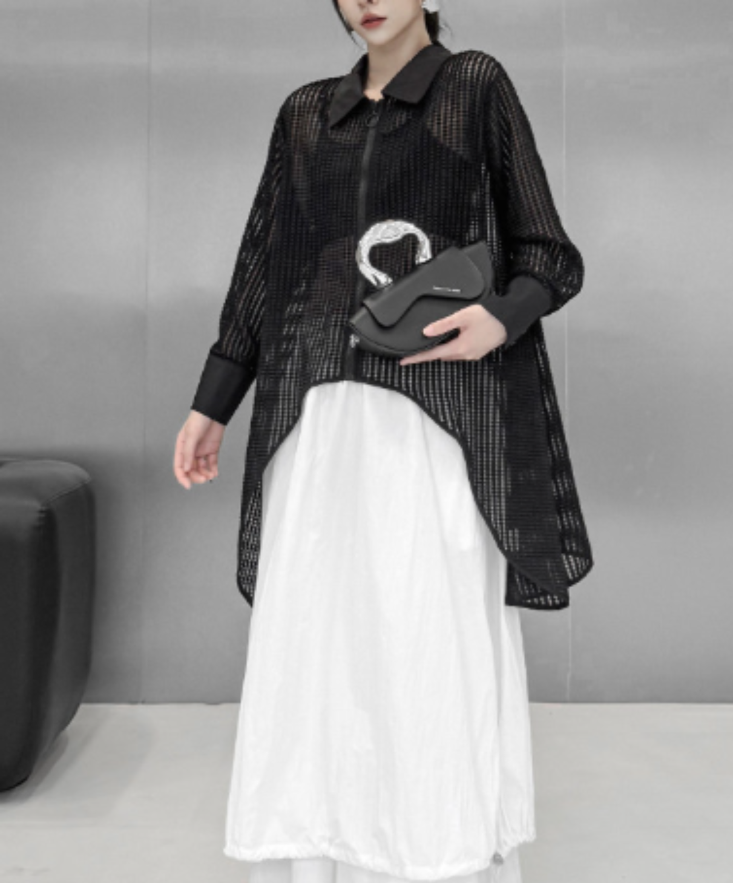 dark Irregular design ring fastener sheer shirt EN2967