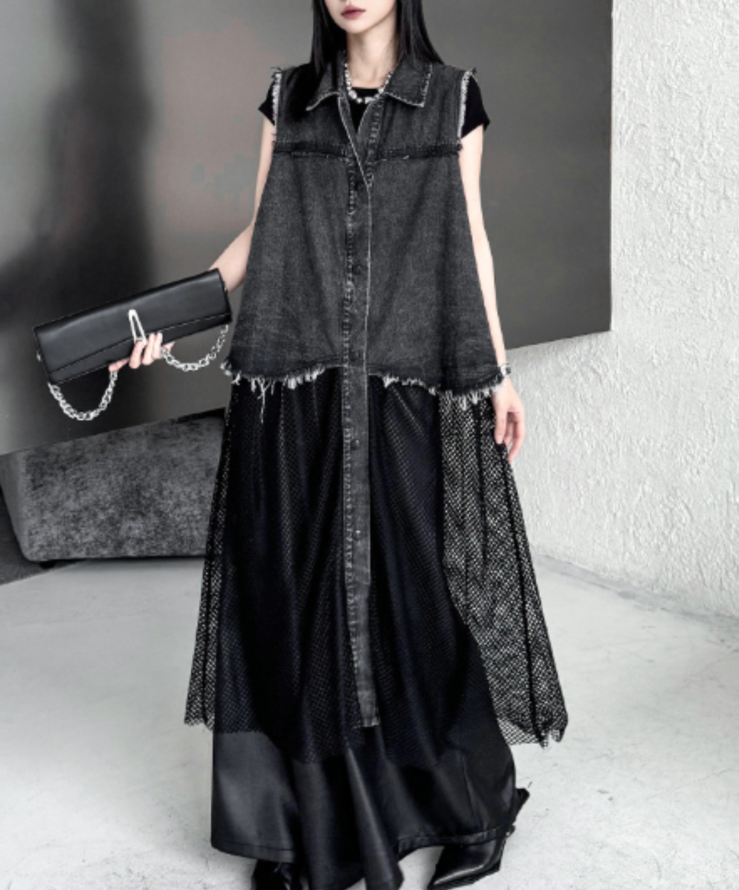 denim patchwork mesh long shirt EN3047