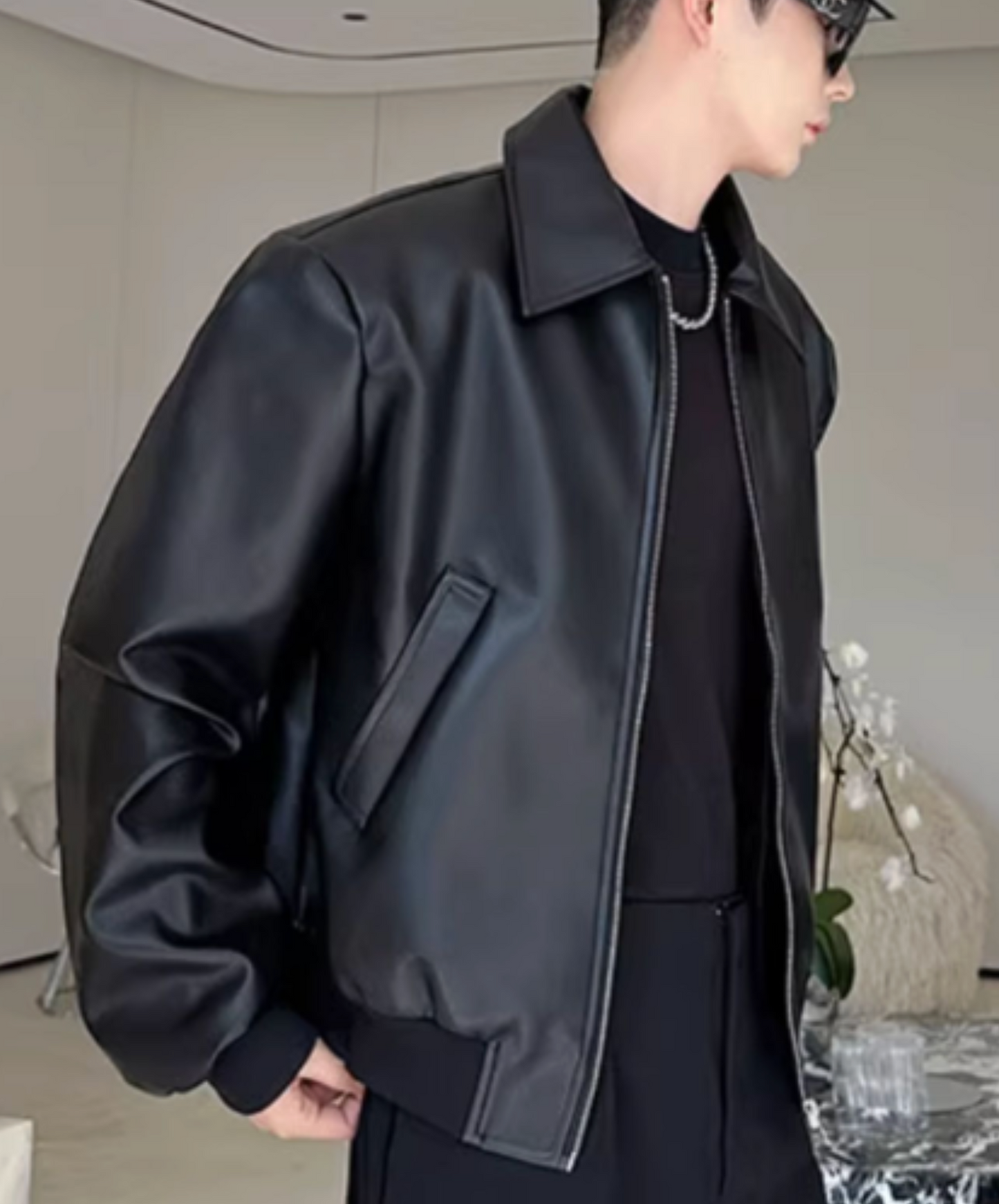 pu leather rib jacket EN2462