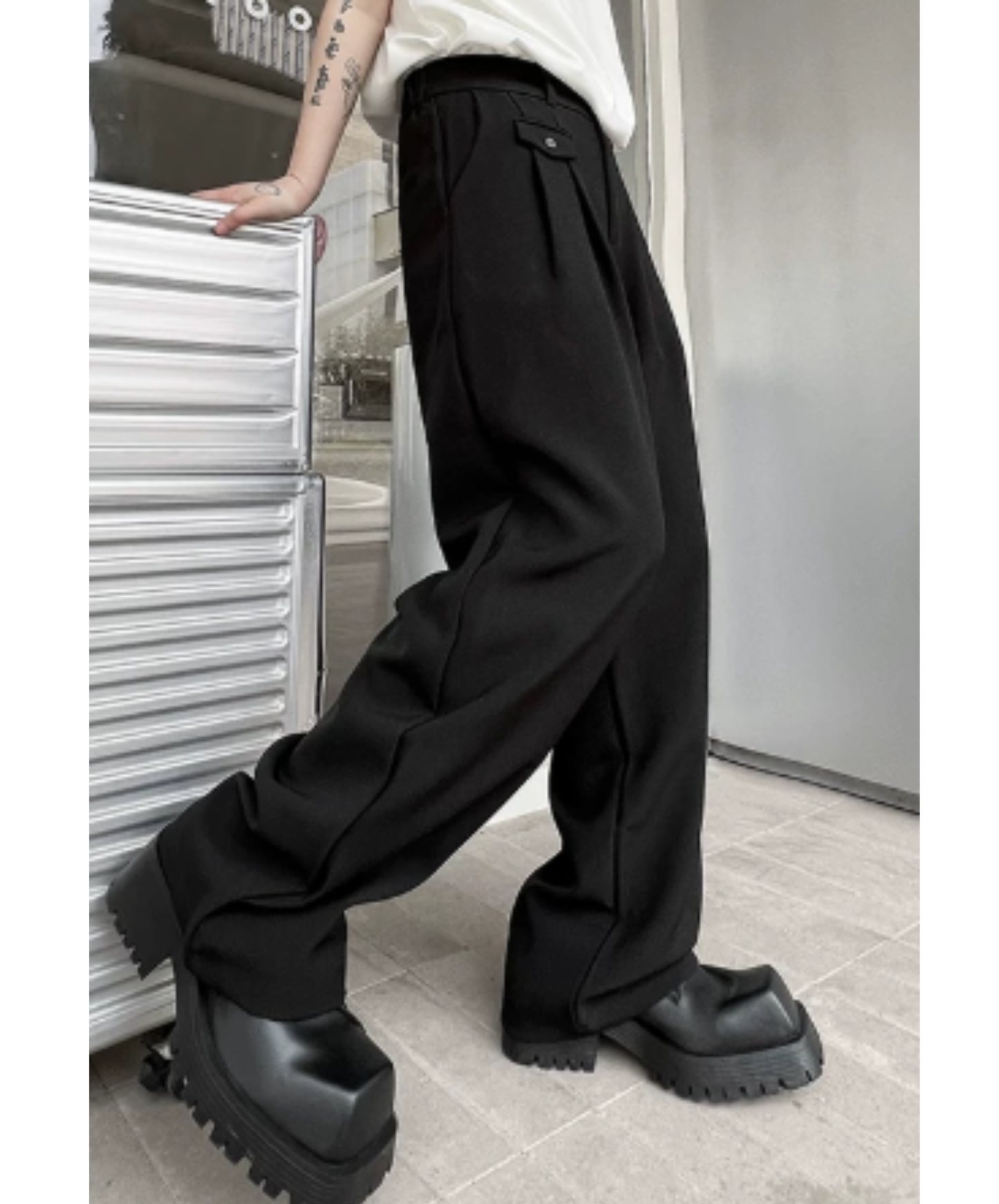 asymmetrical pocket, simple straight slacks pants EN2925