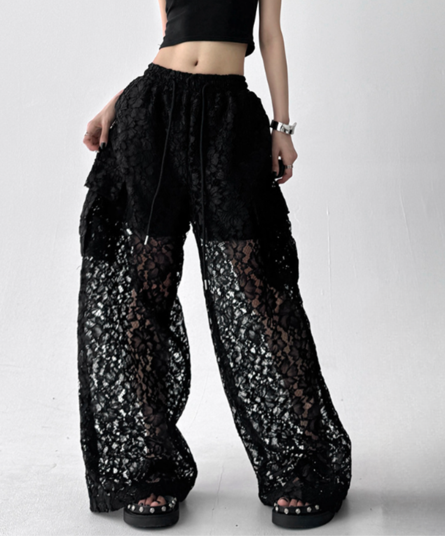 casual sheer lace style wide pants EN3105