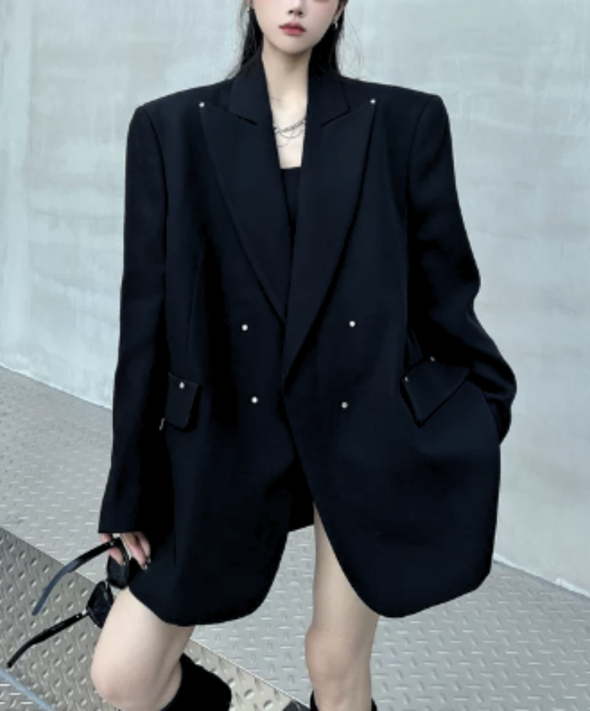 dark shaggy lapel mixed-material paneling jacket EN3190