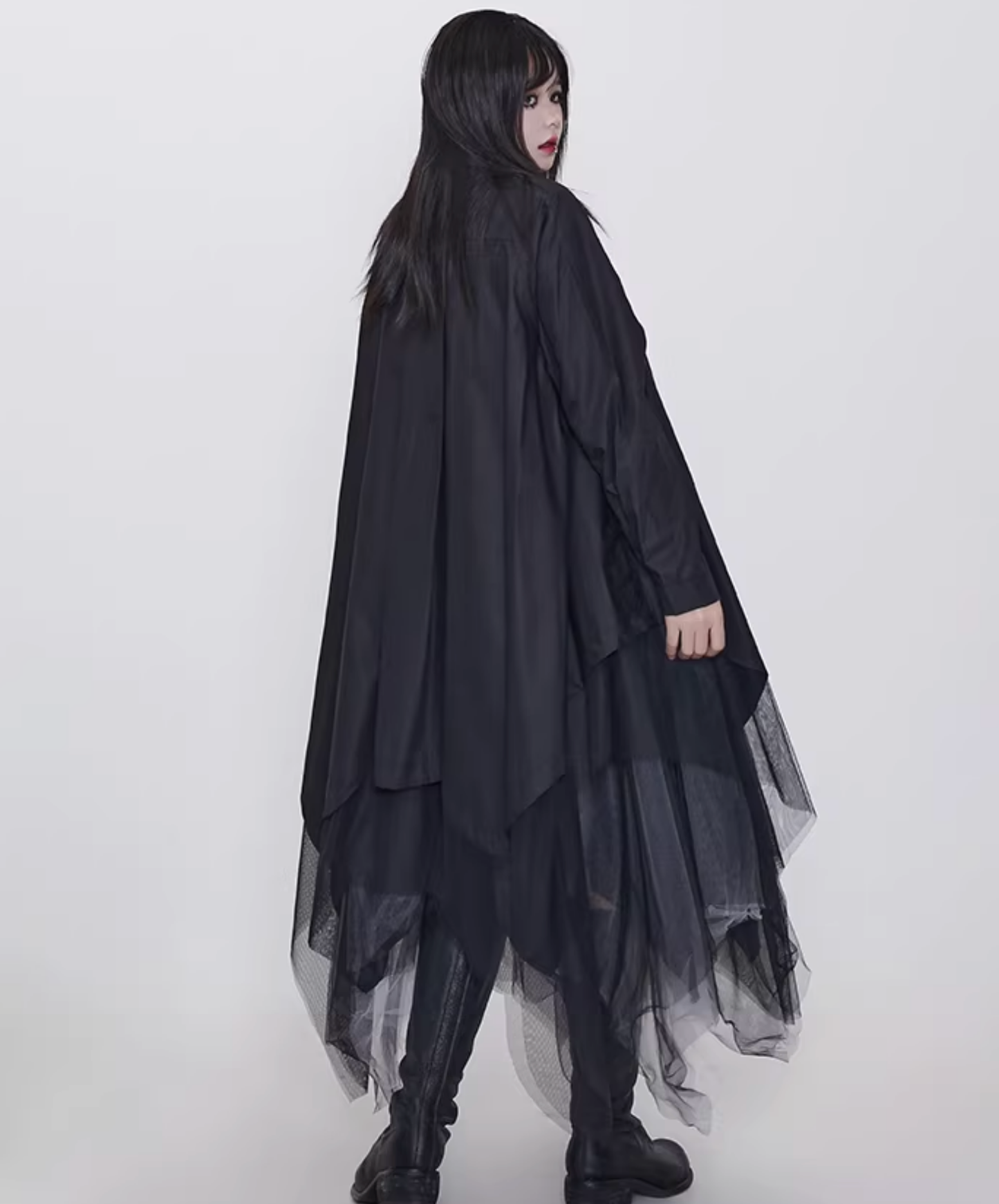 dark faux leather irregular patchwork long shirt EN2831
