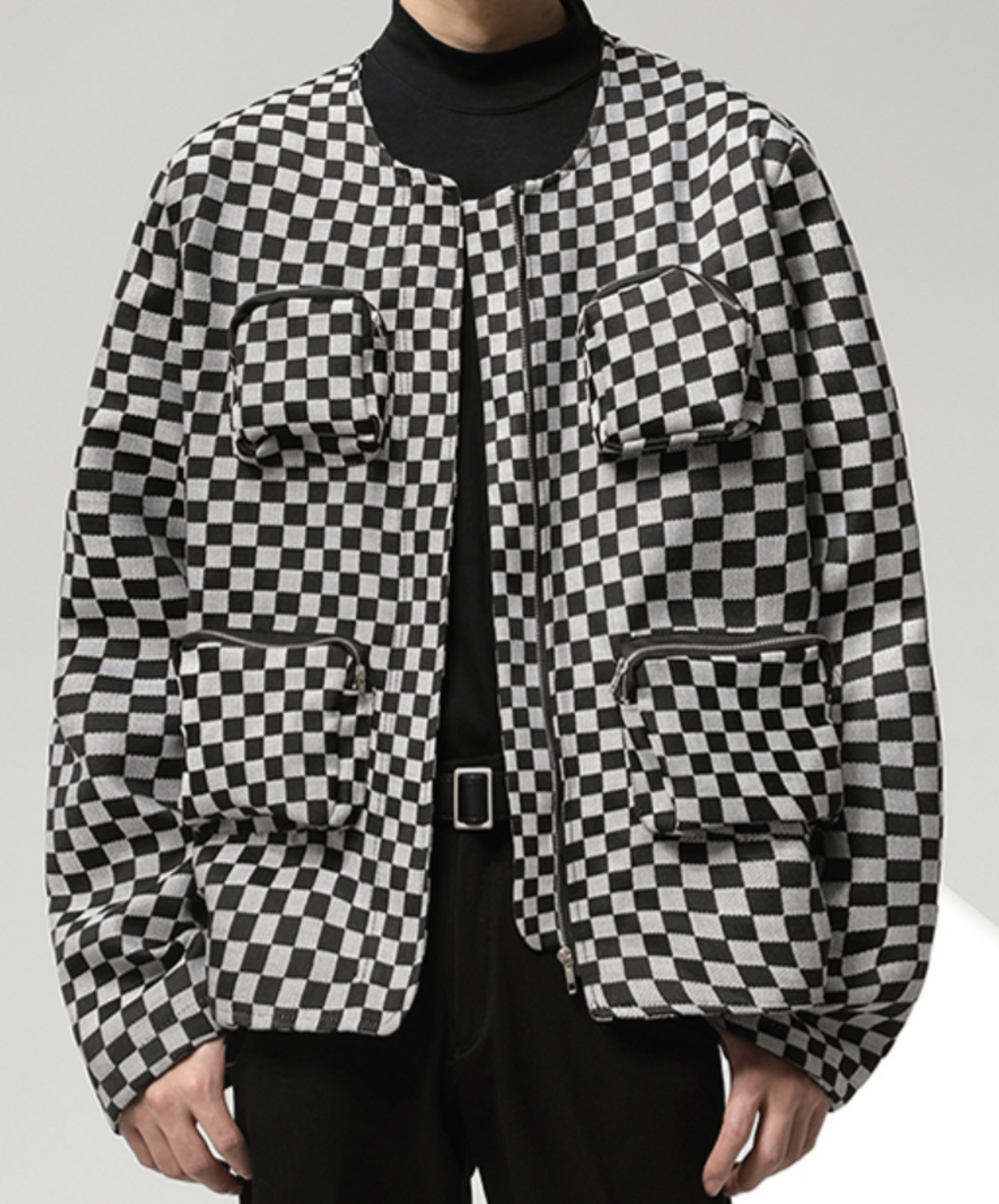 checkered three-dimensional pocket zip up jacket EN1502