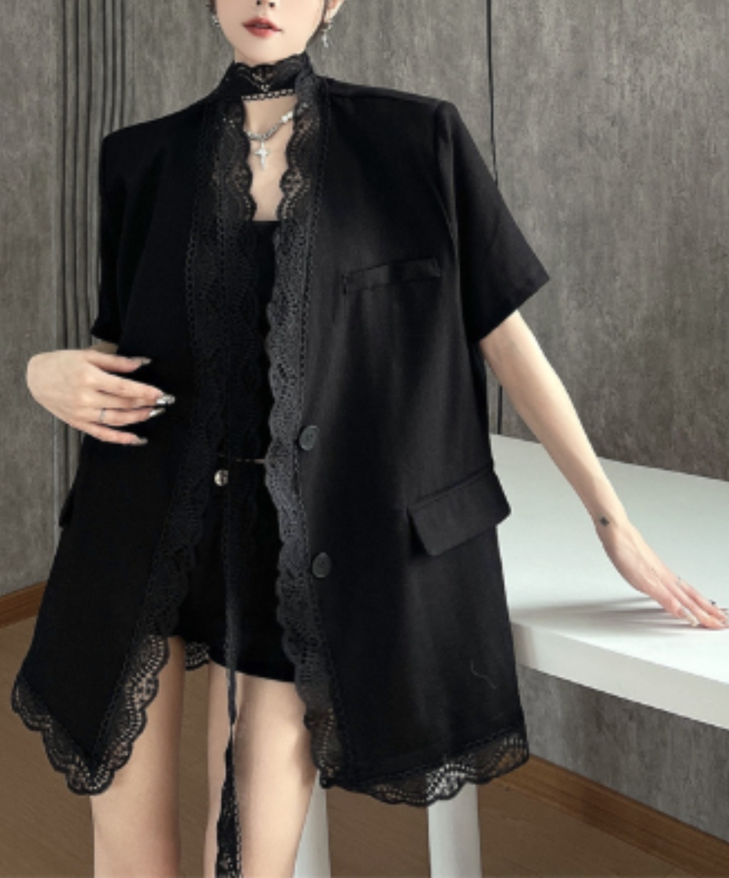 lightweight lace cotton linen jacket EN2965