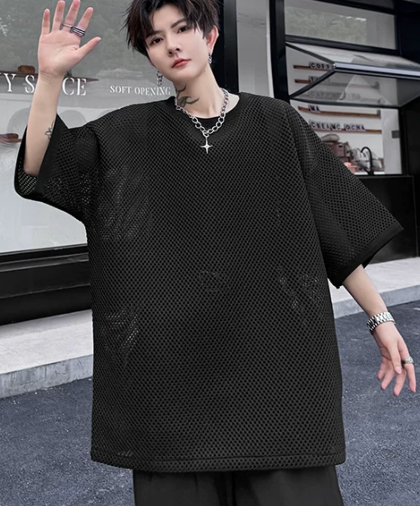 round mesh oversized t-shirt EN2862