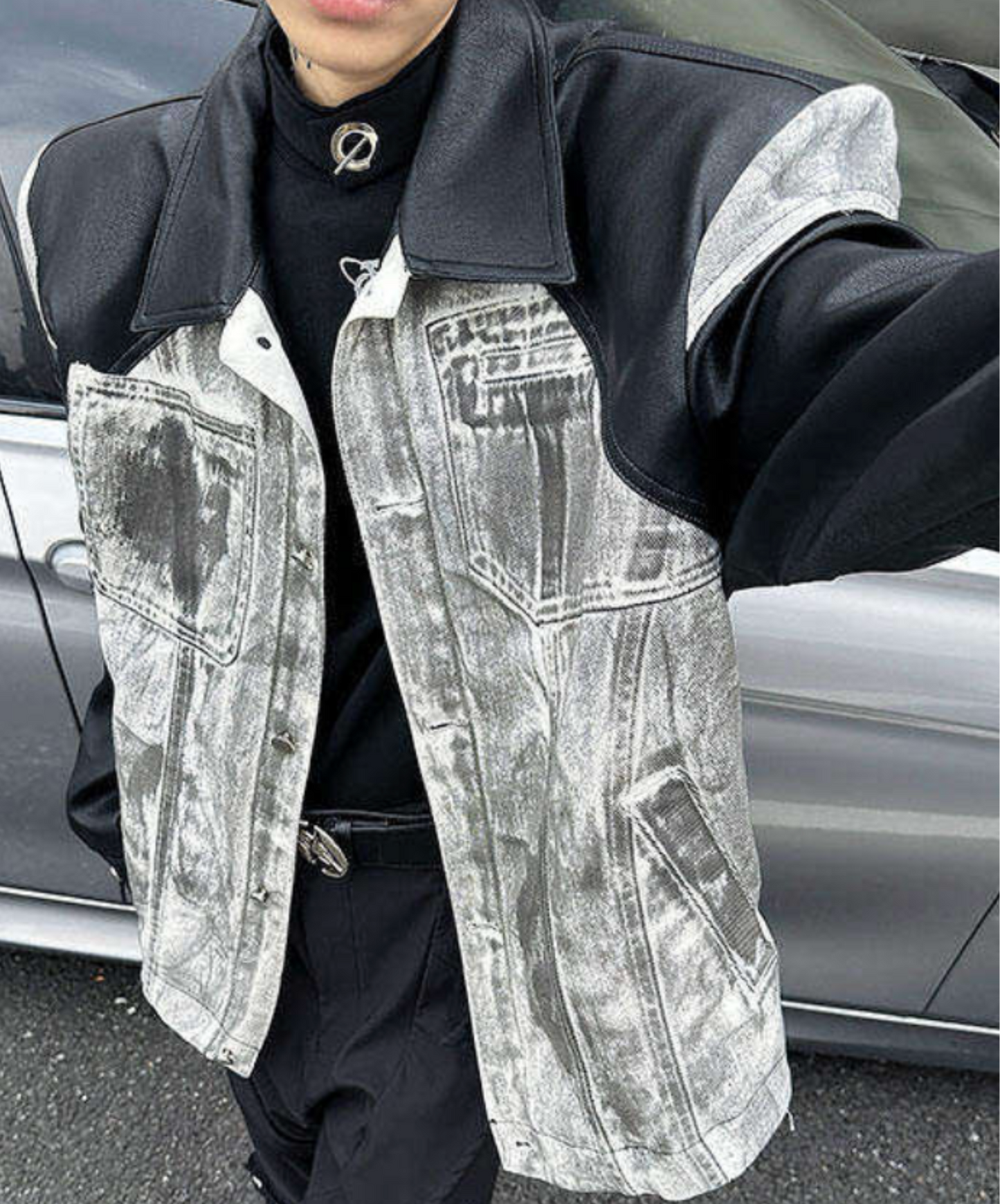 denim print x pu leather patchwork jacket EN2657