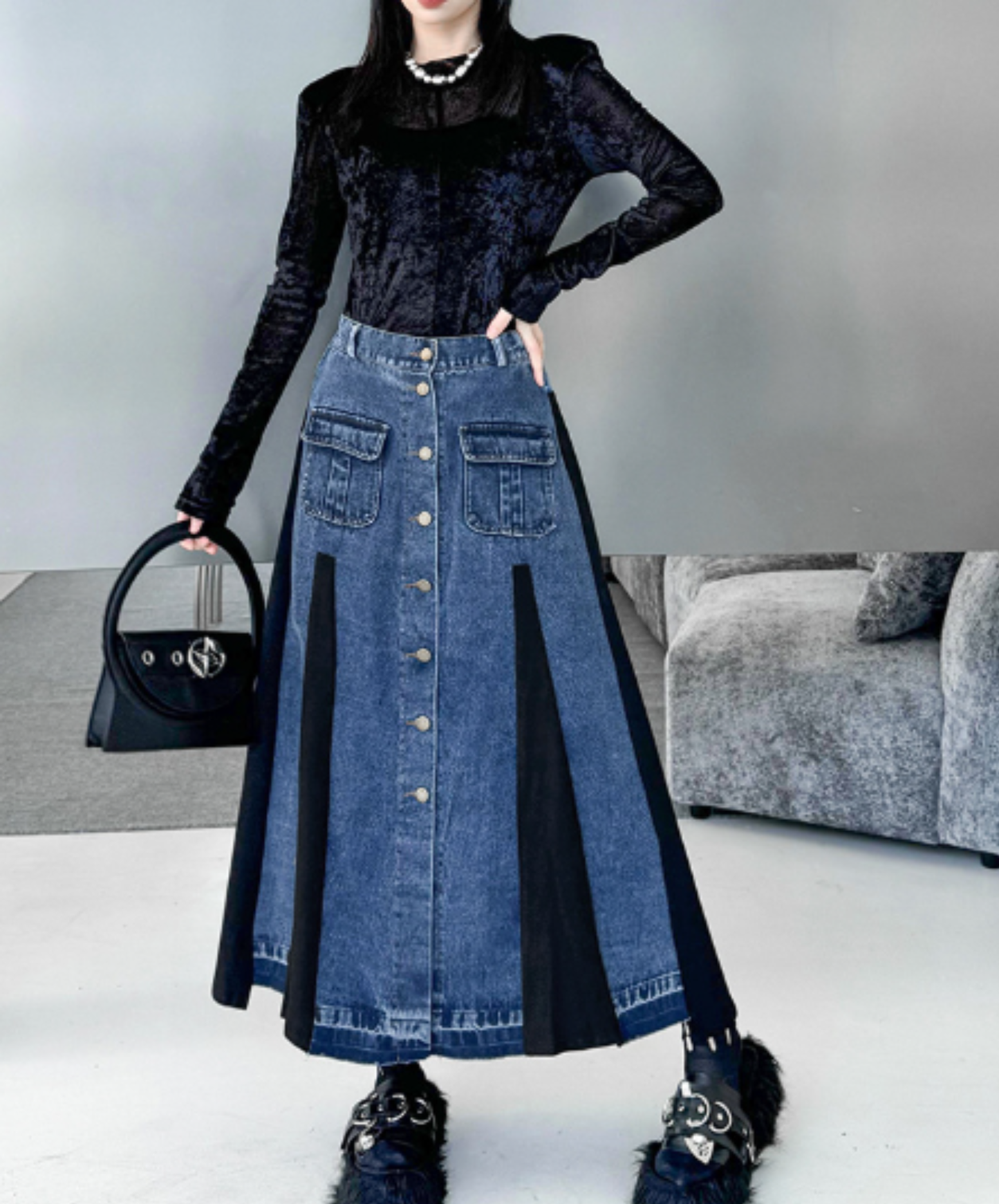 a-line denim patchwork piece skirt EN3113