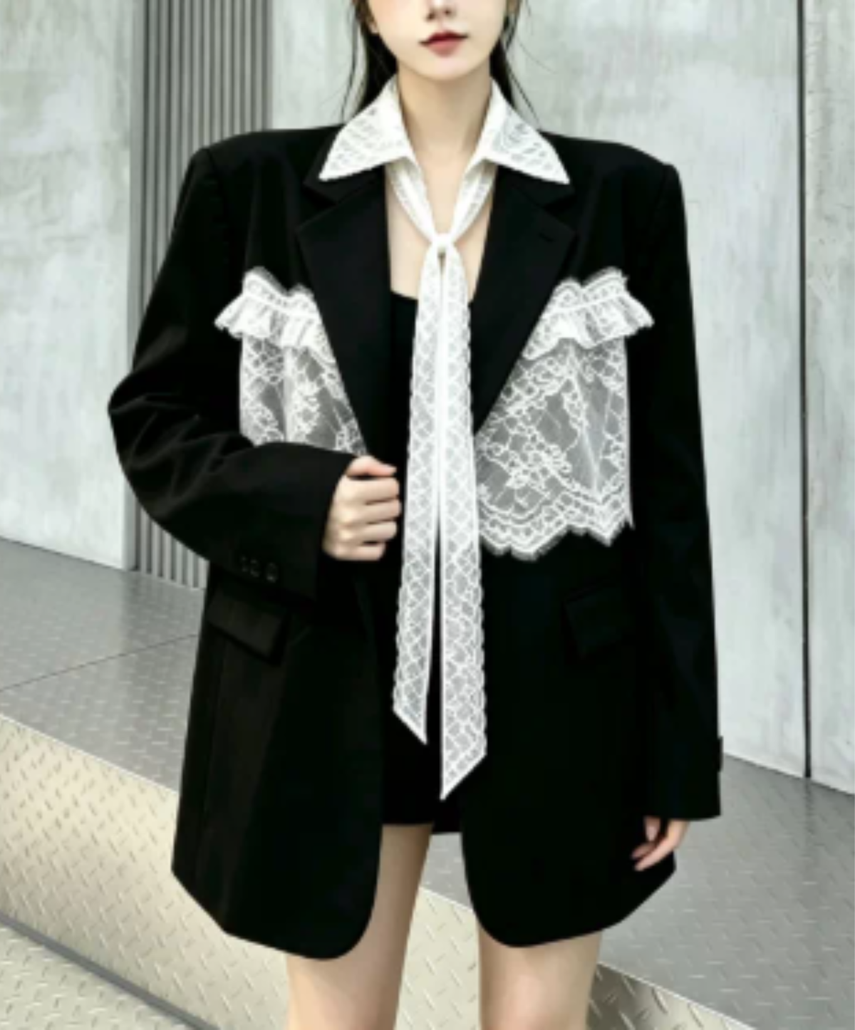 panelled design with a lace bow tie jacket EN3166