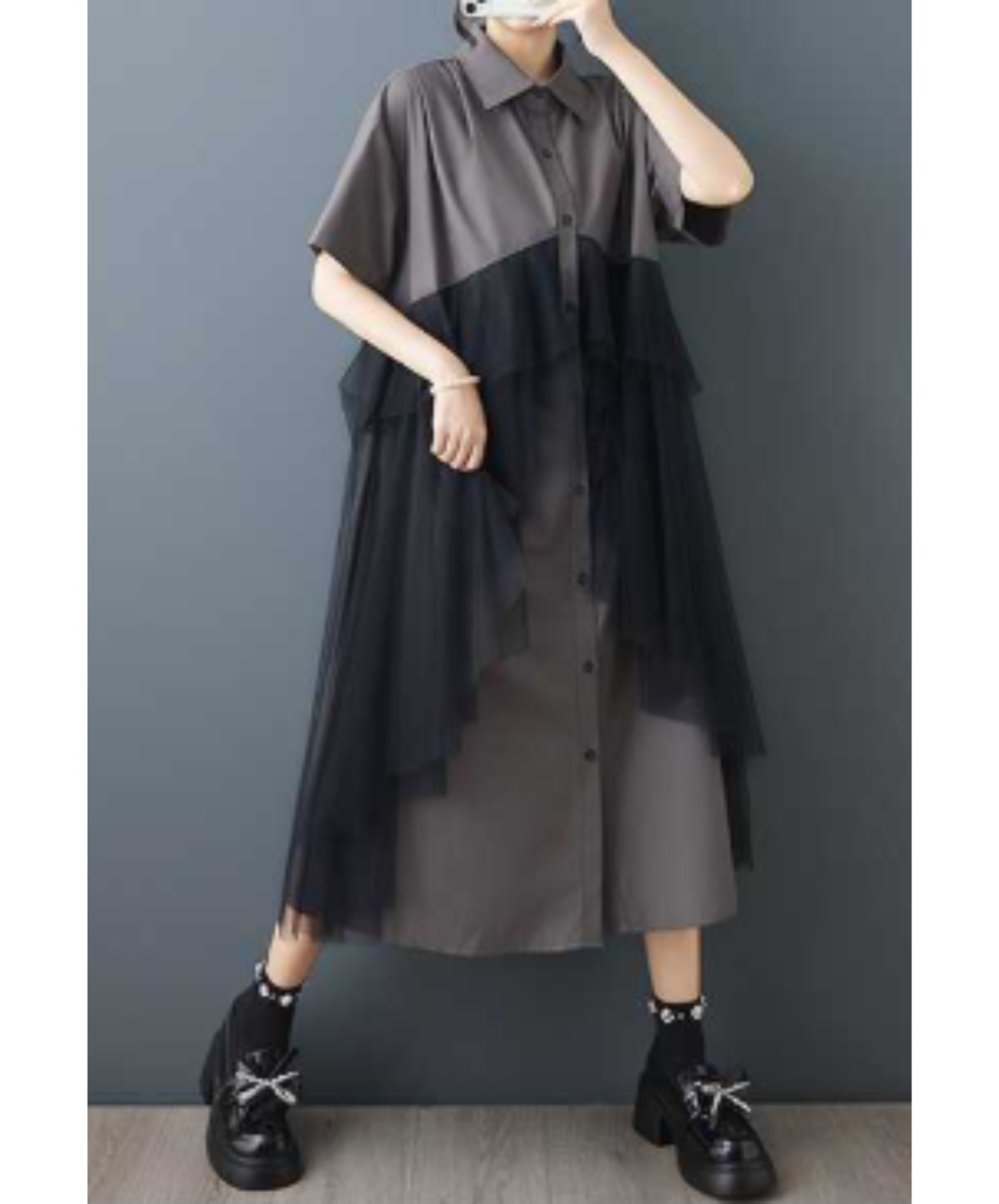 dark mesh patchwork long shirt EN3054