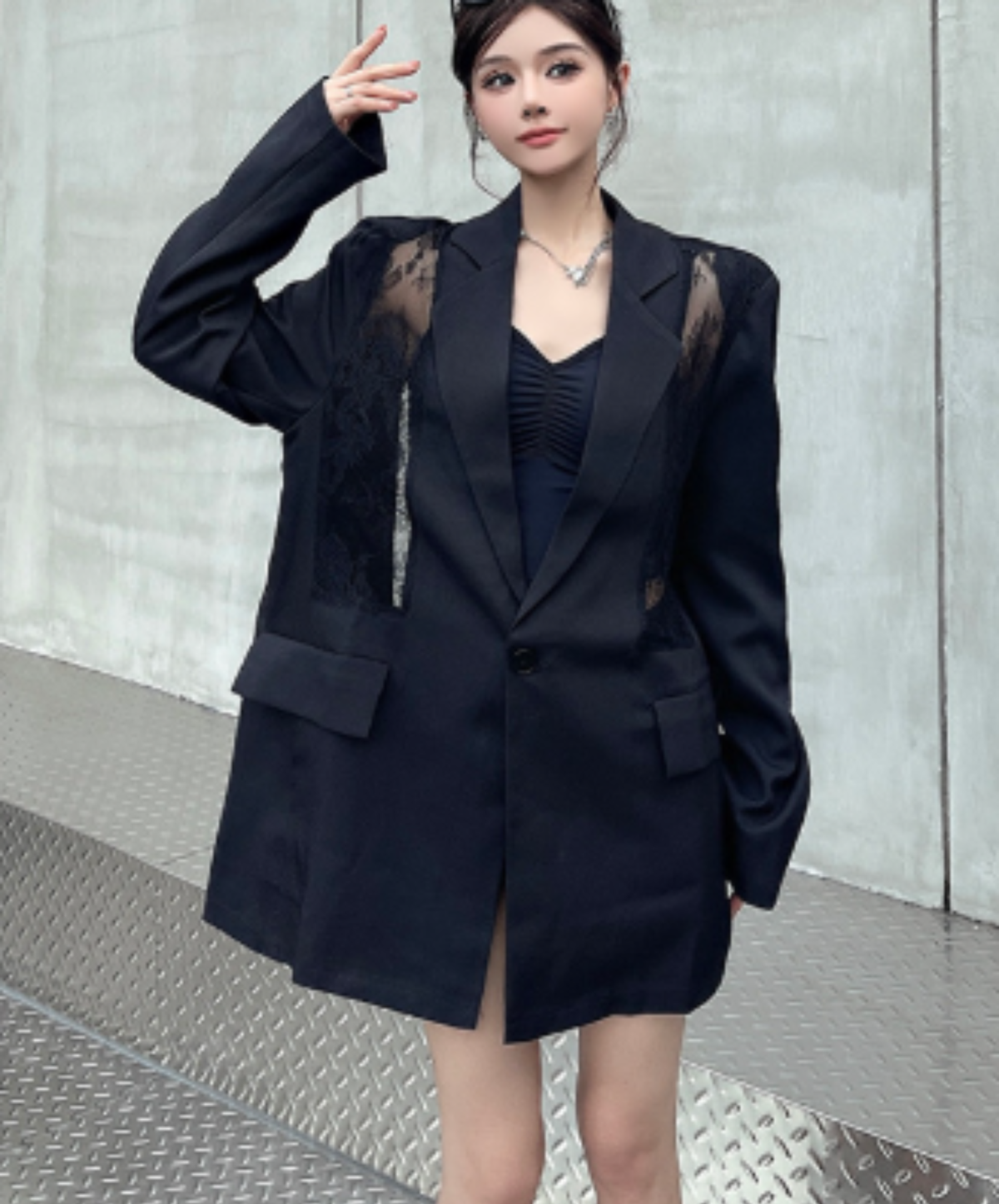 sheer lace panel design jacket EN3184