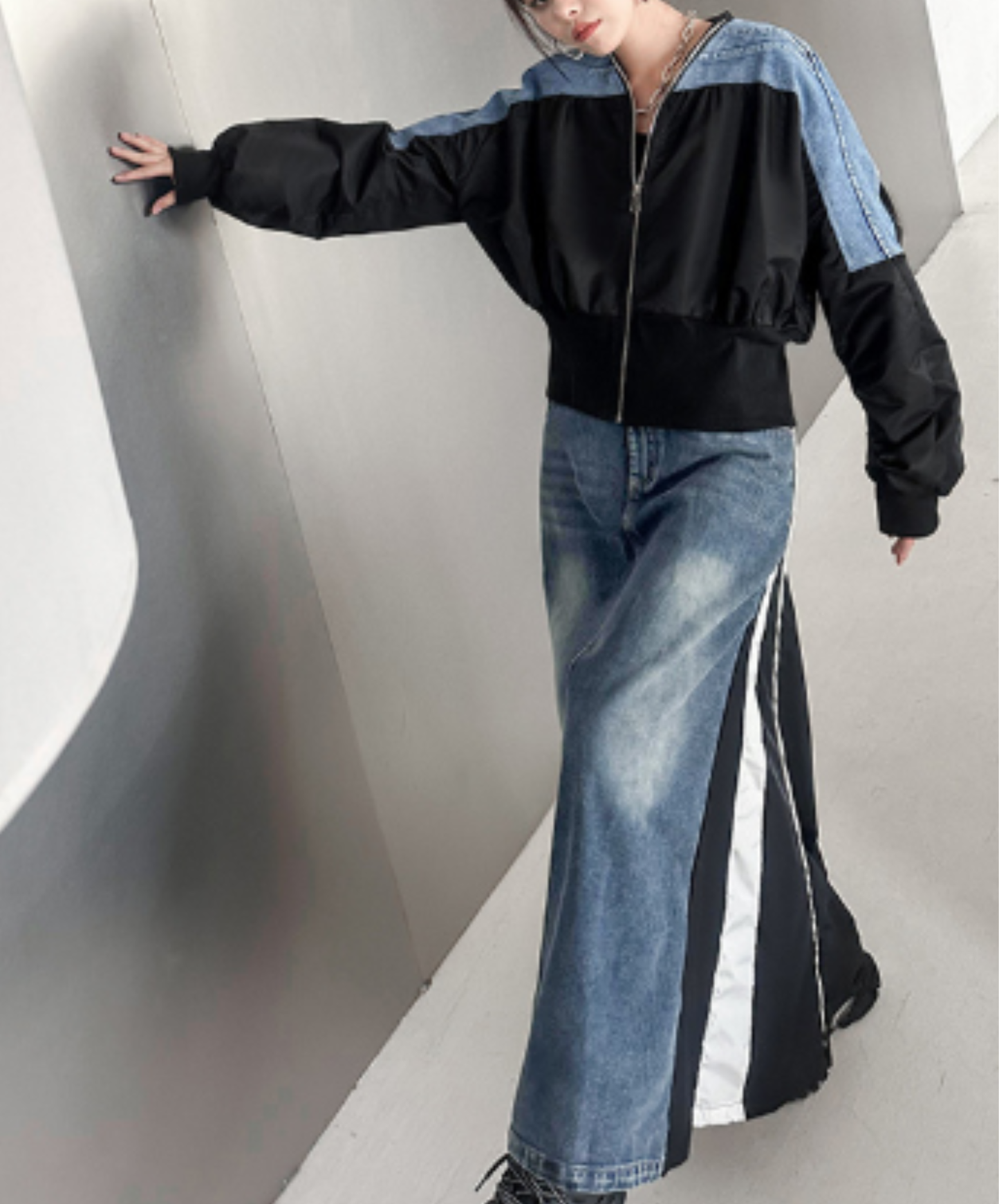 cropped denim patchwork style zipper jacket EN3112