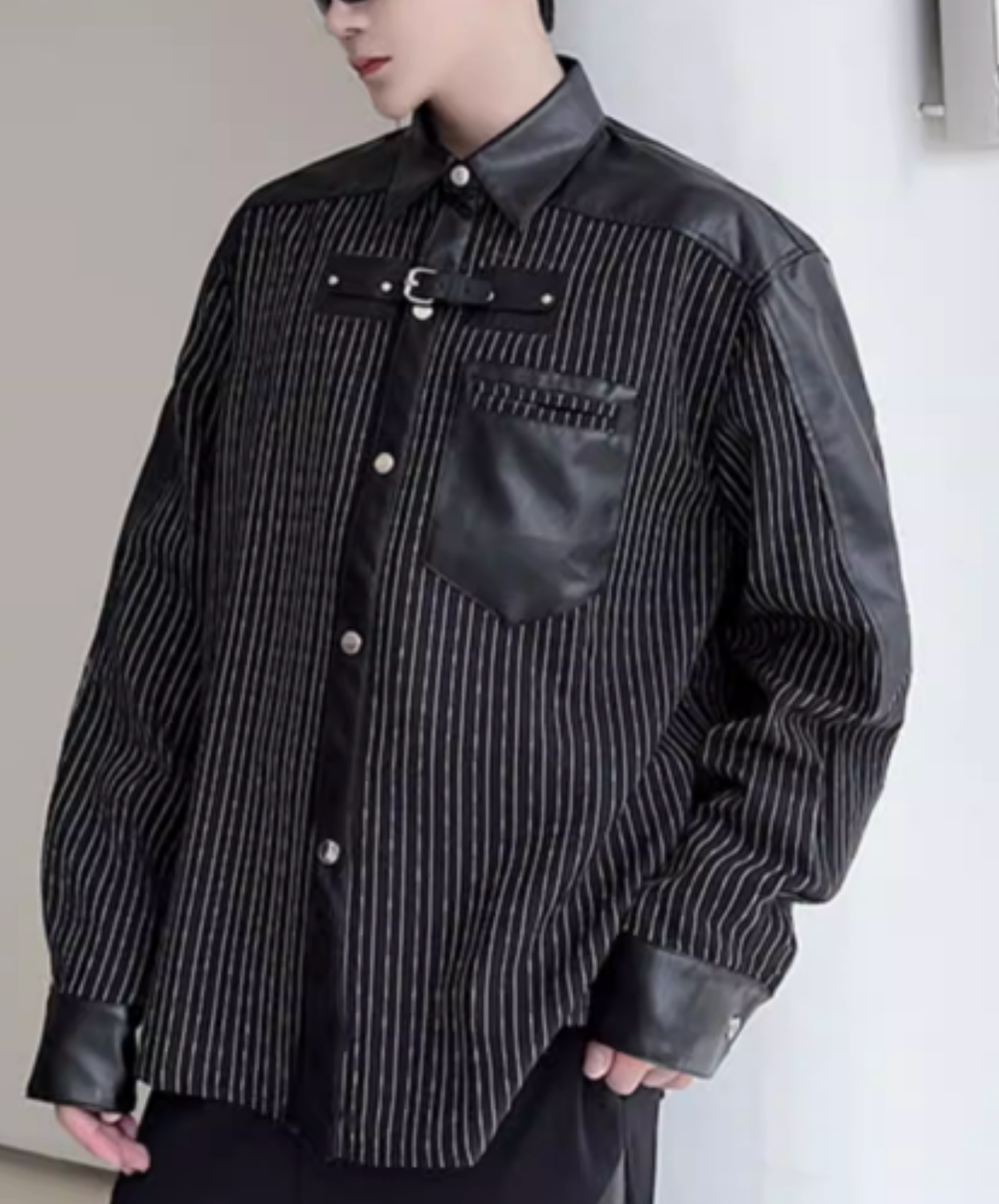 thin striped leather patchwork shirt EN2817