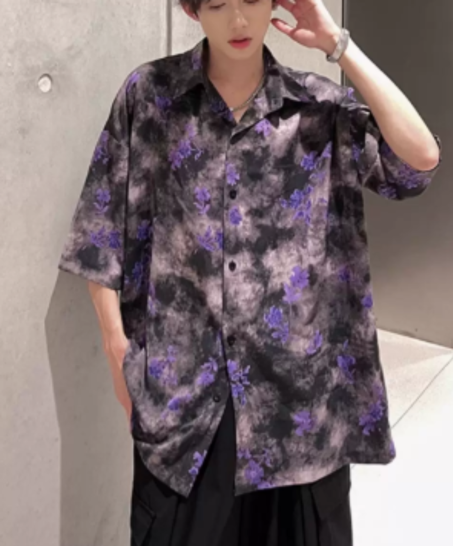 hawaiian-style print with purple flowers shirt EN2997