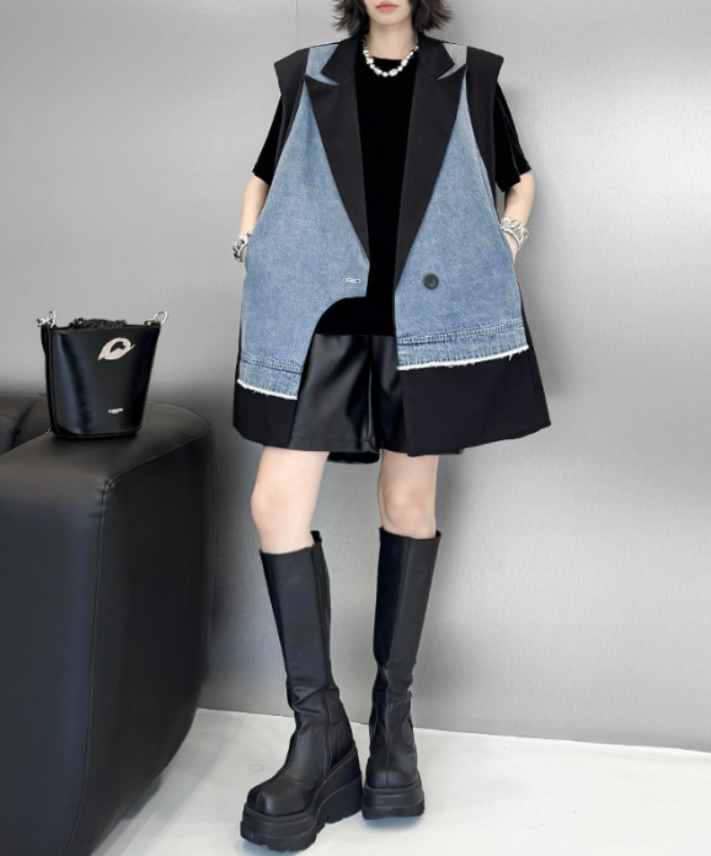 denim patchwork asymmetric vest EN2893