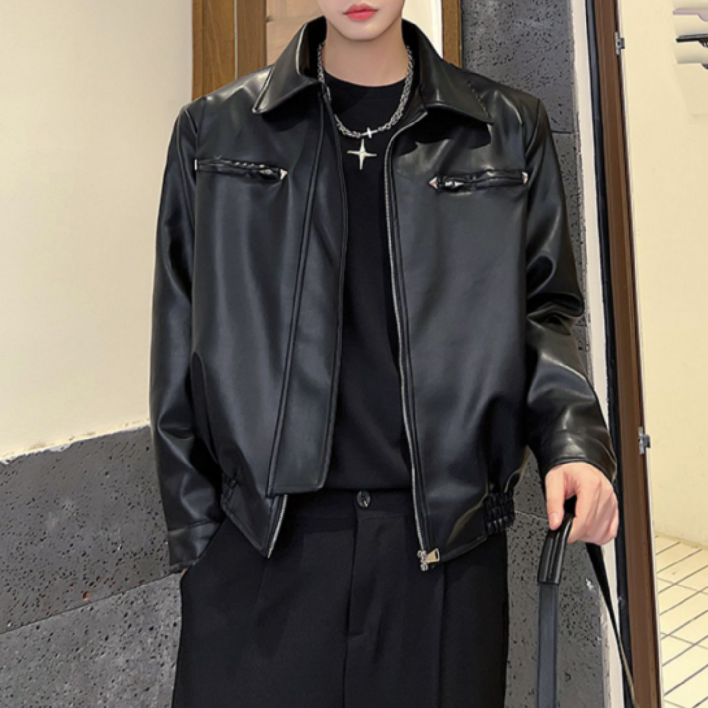 zip up black leather jacket EN343