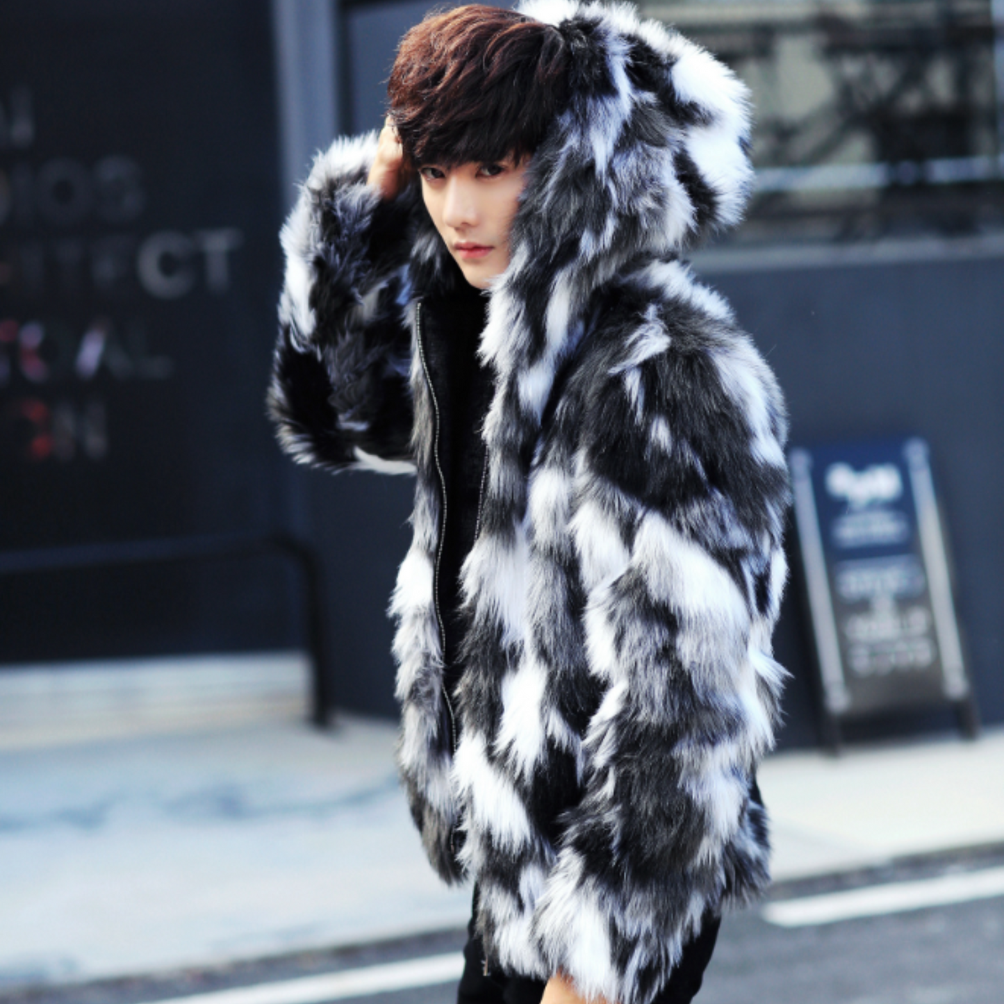 black and white fur hoodie EN456