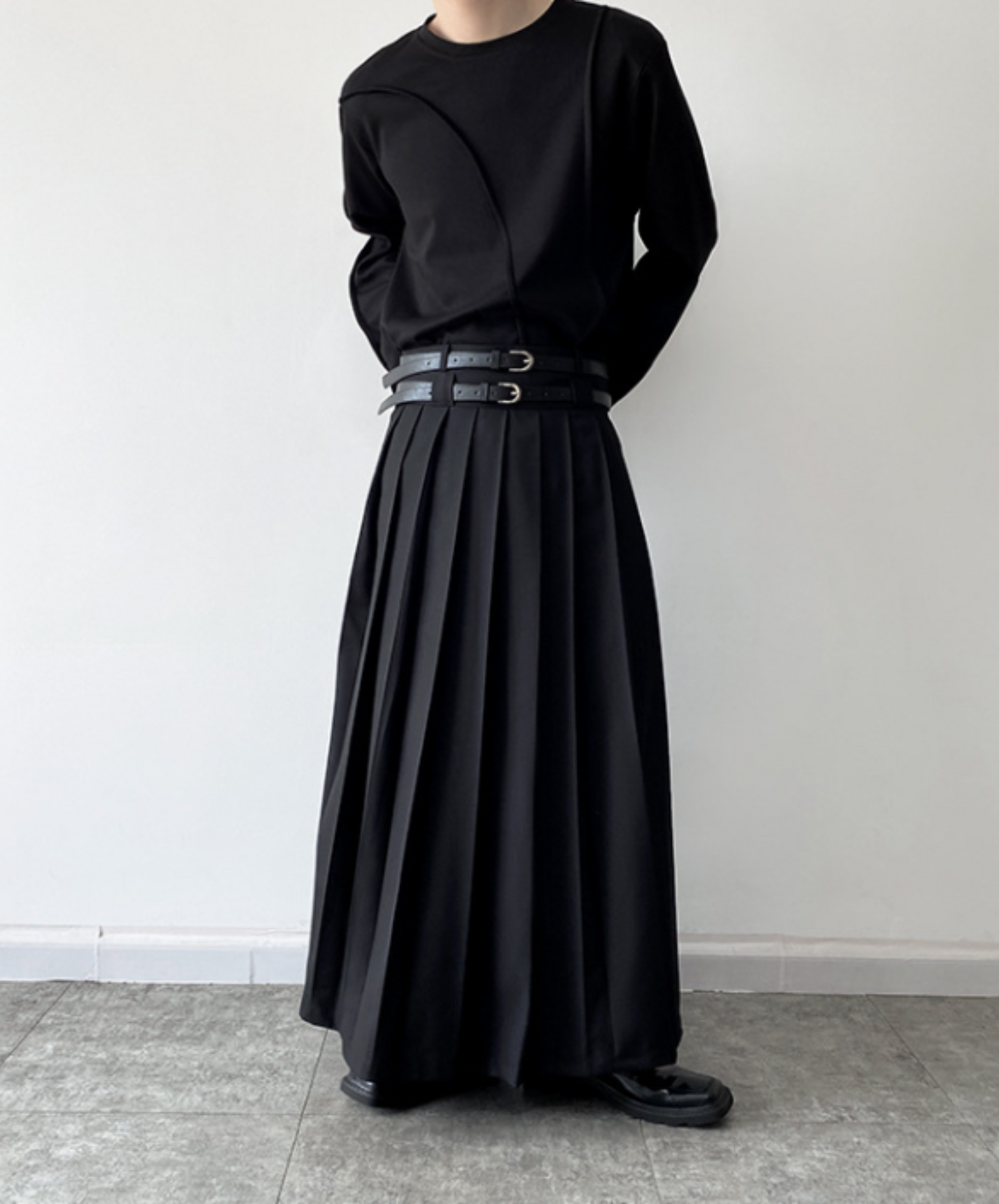 【最短2日でお届け「特急便」対応（XLサイズのみ）】twin belt full length pleated skirt EN624