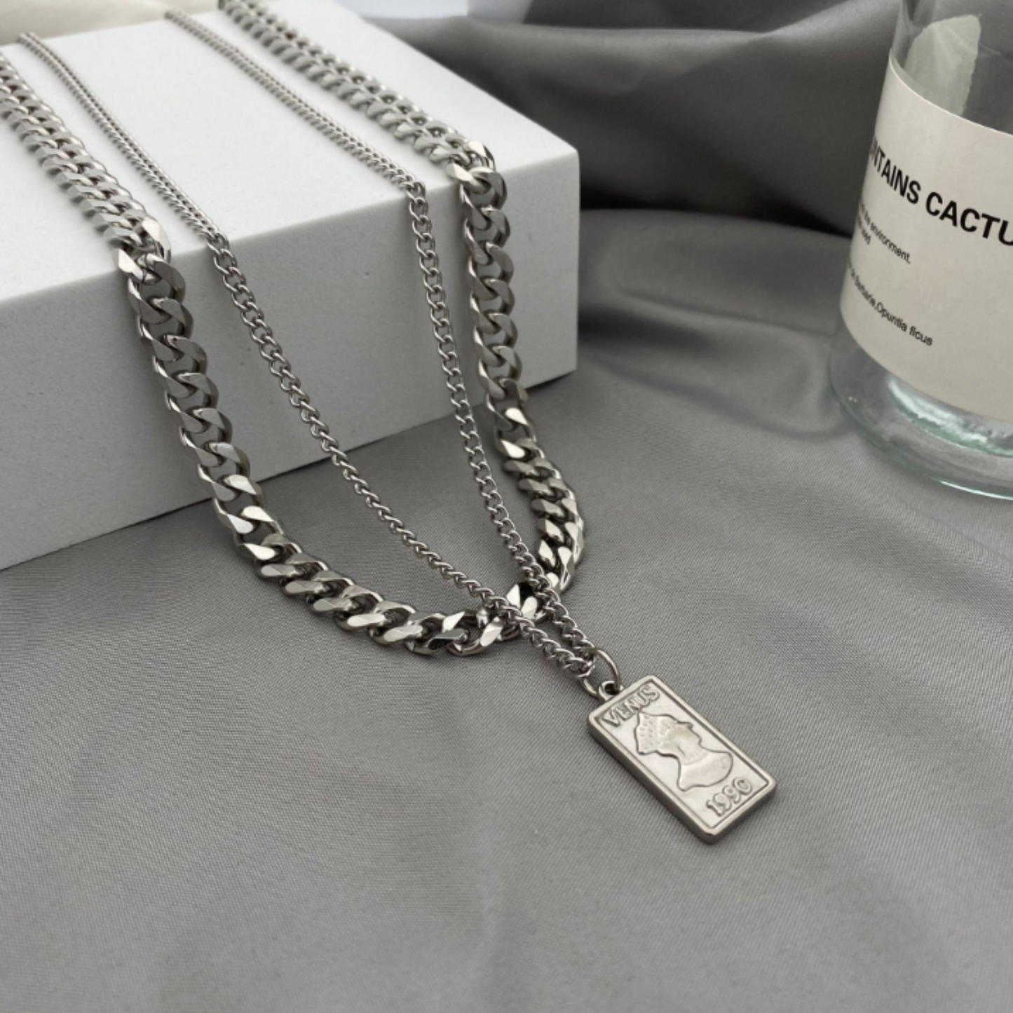double layer square charm necklace EN443