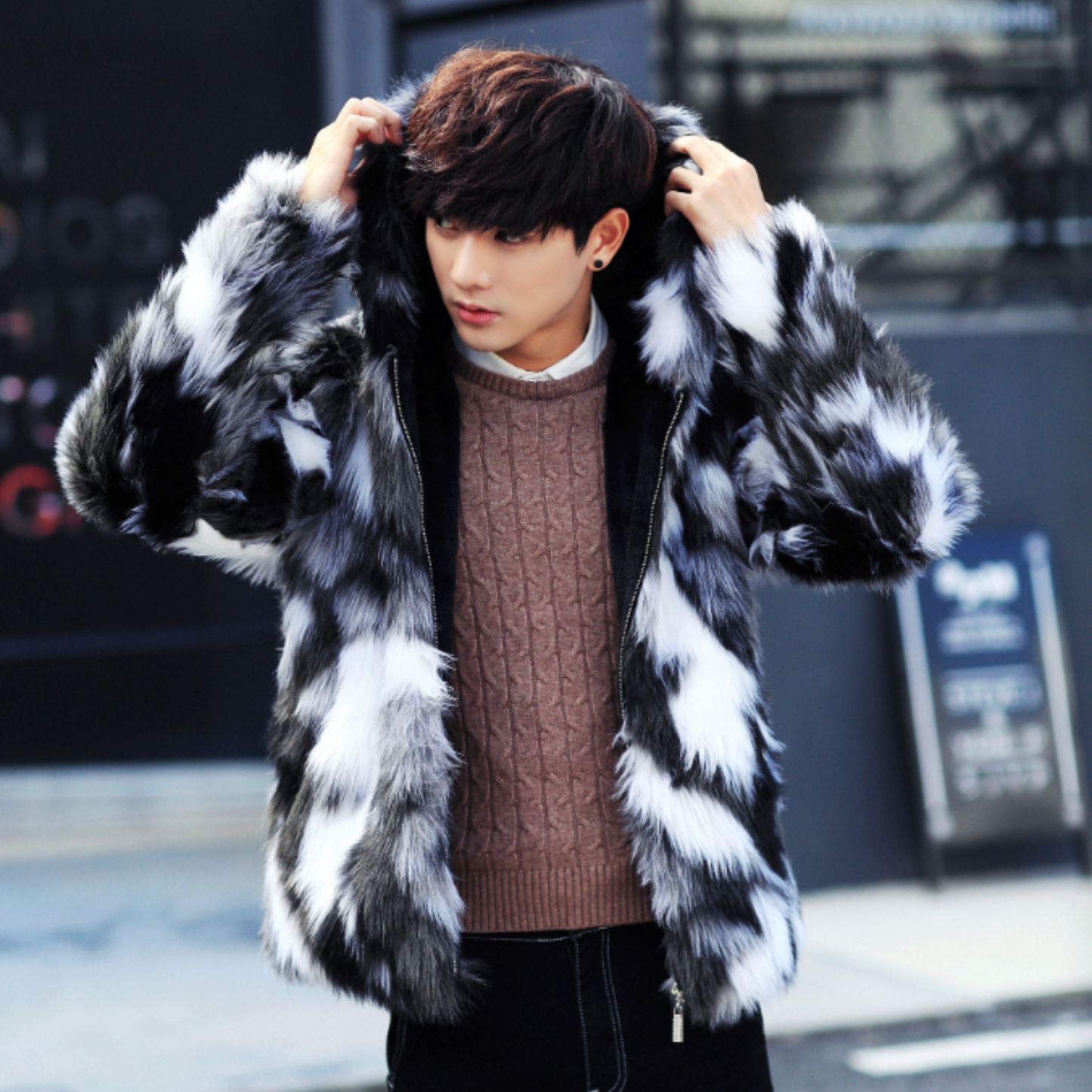 black and white fur hoodie EN456