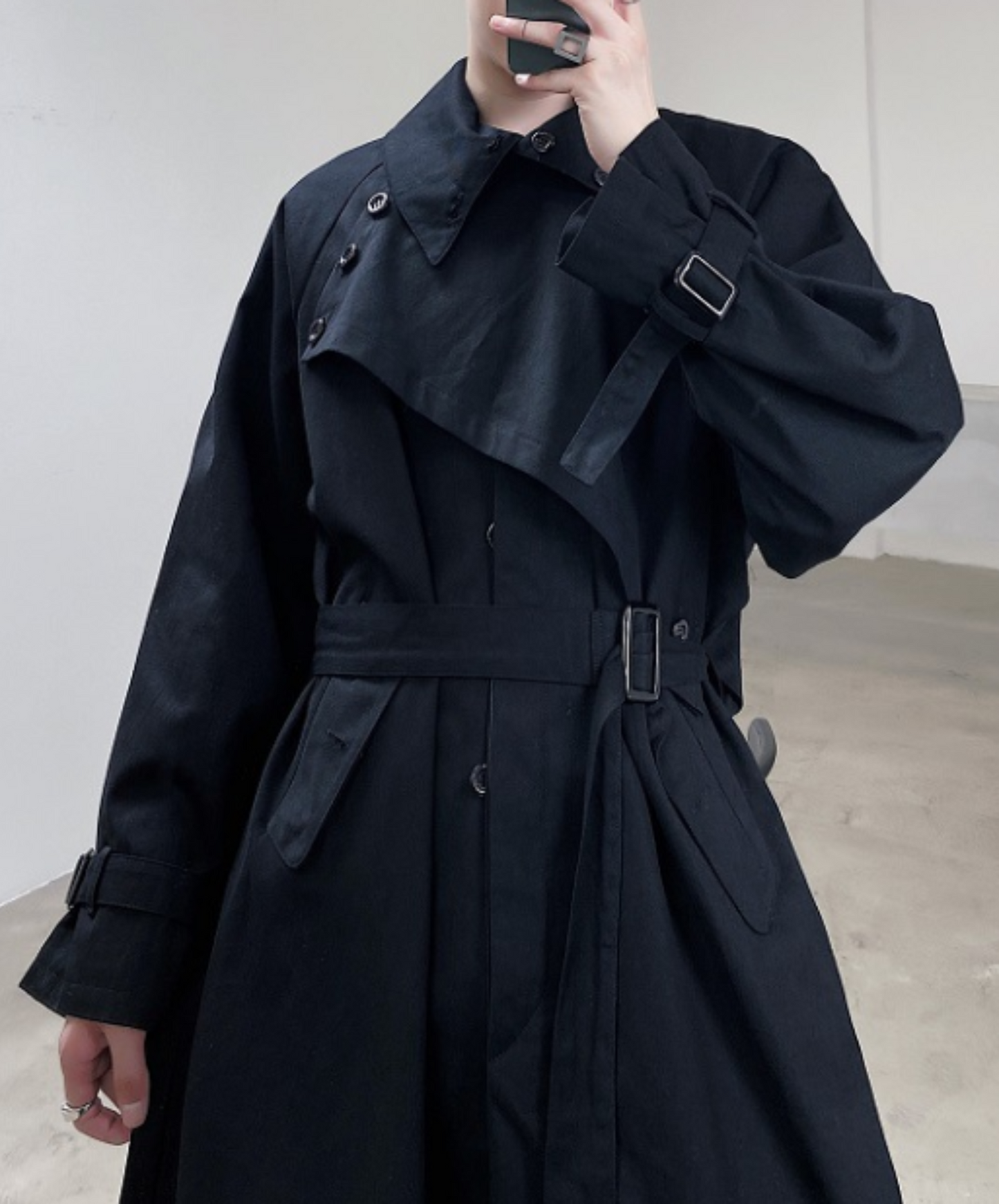 dark asymmetrical belt coat EN647