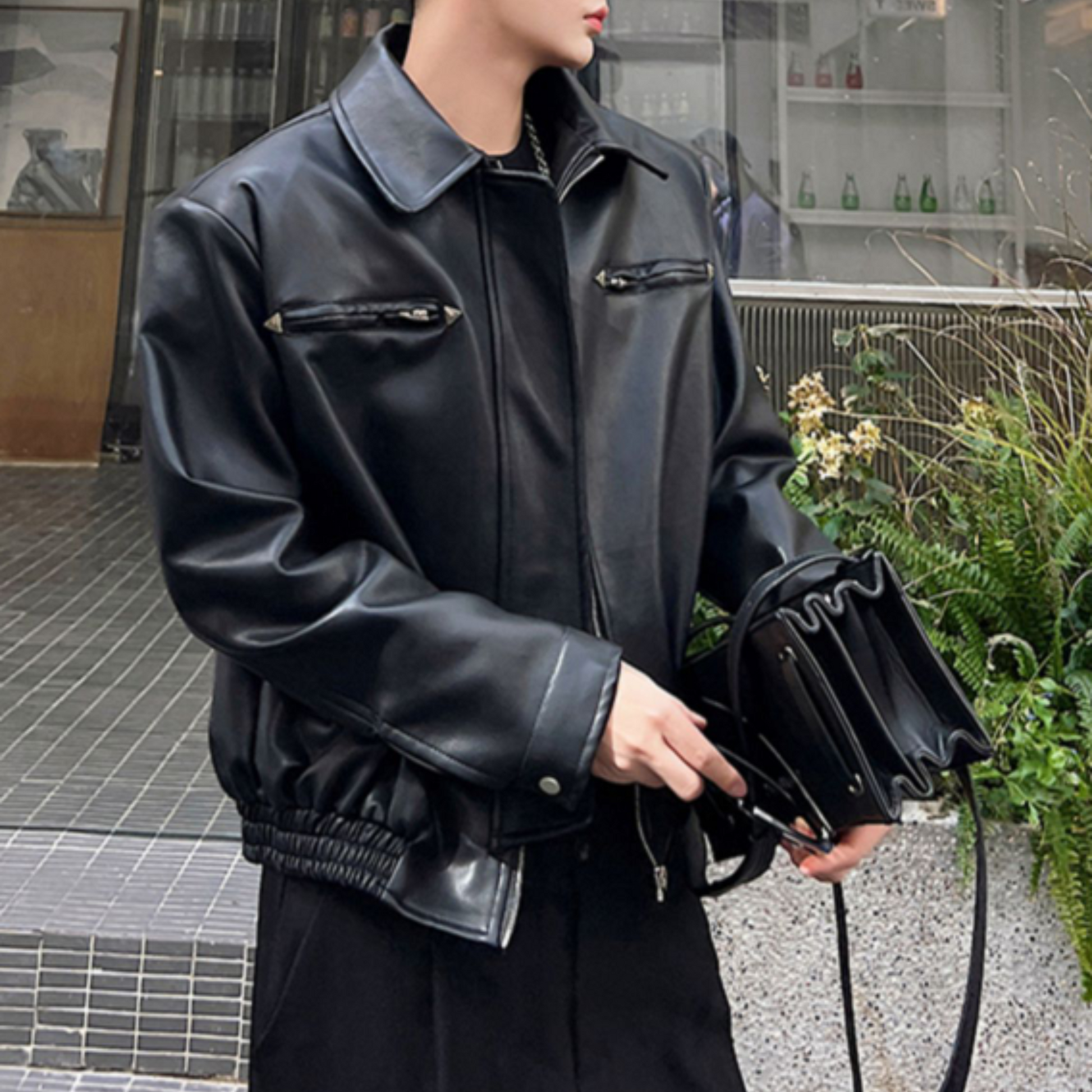 zip up black leather jacket EN343 – ELNERO