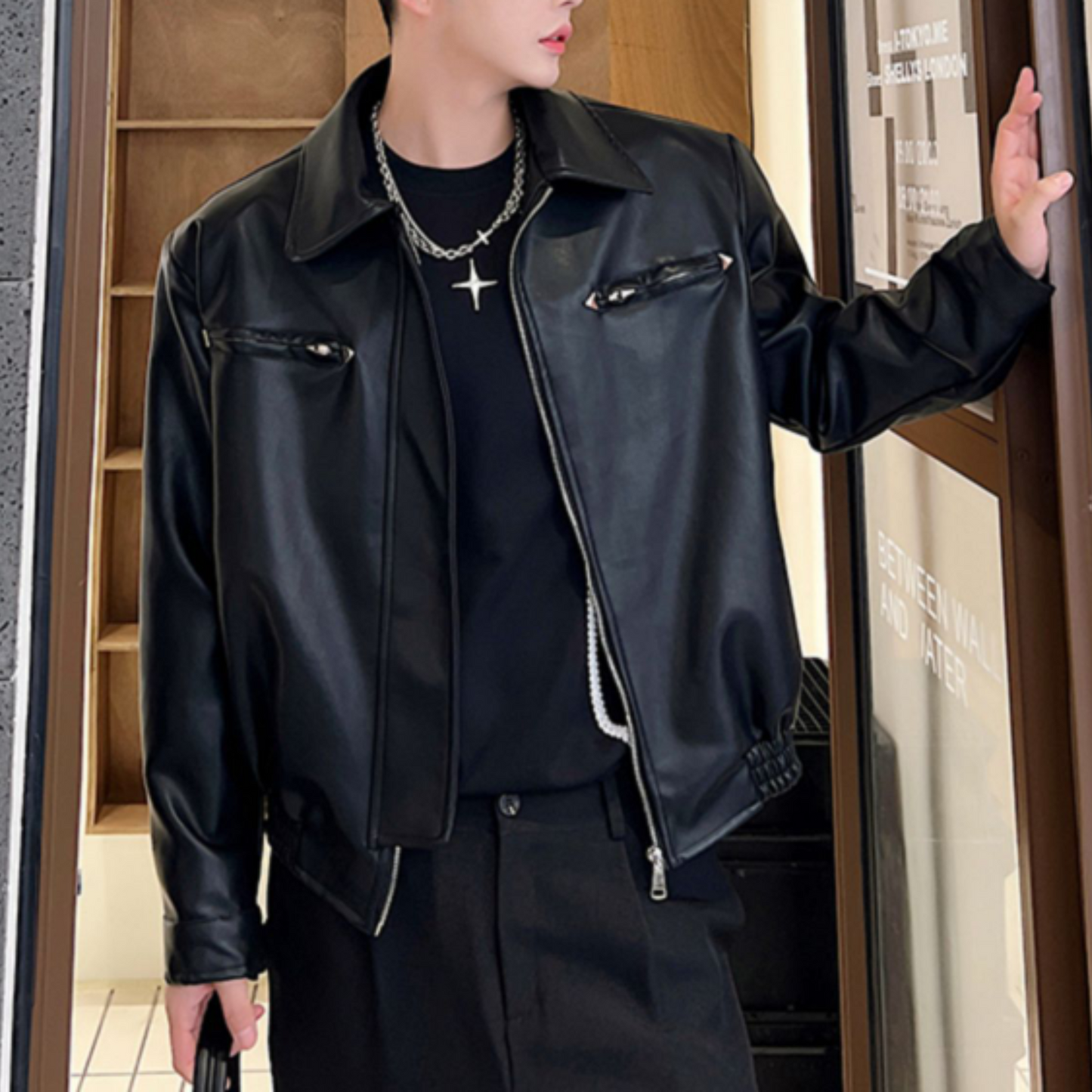 zip up black leather jacket EN343