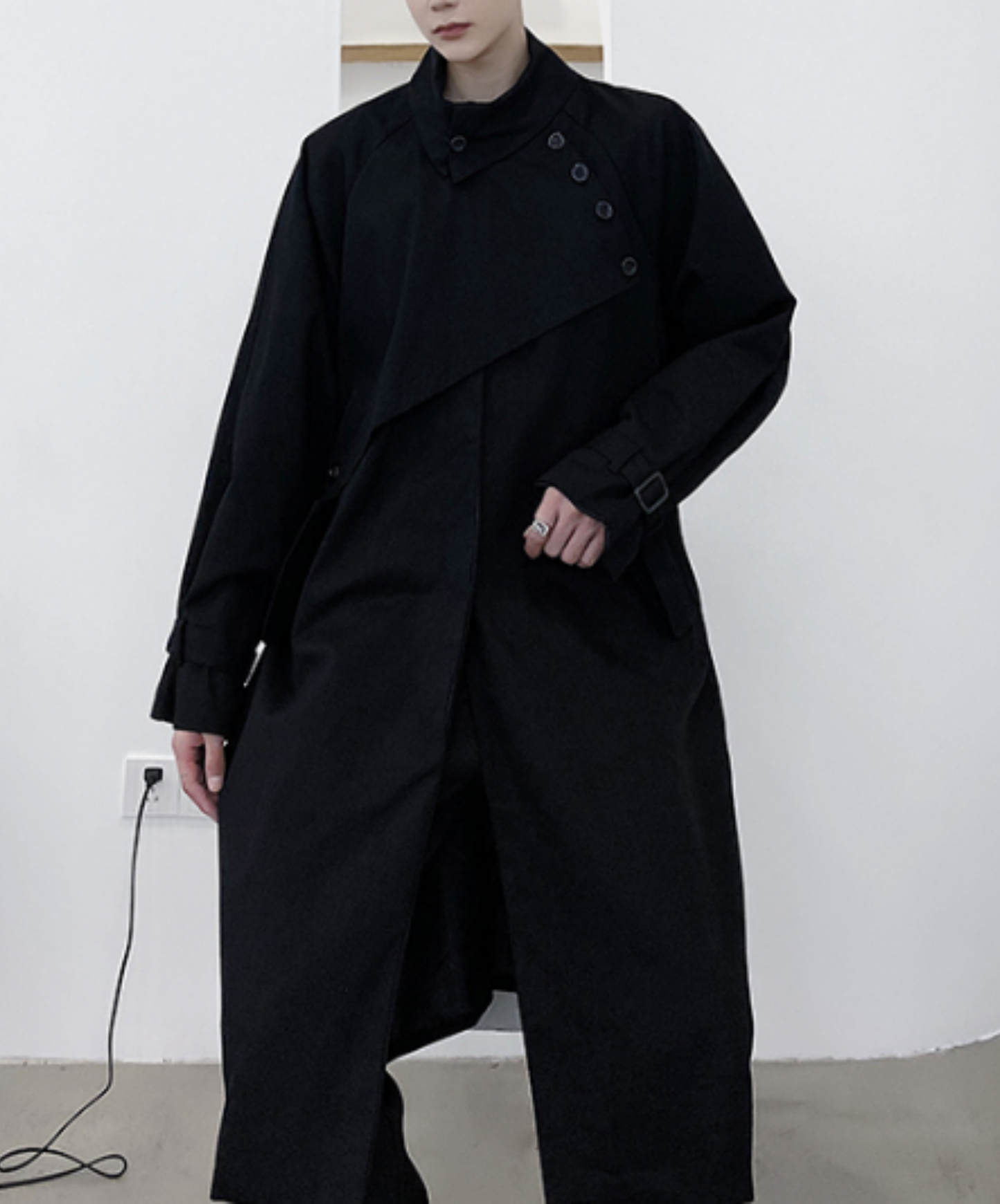 dark asymmetrical belt coat EN647